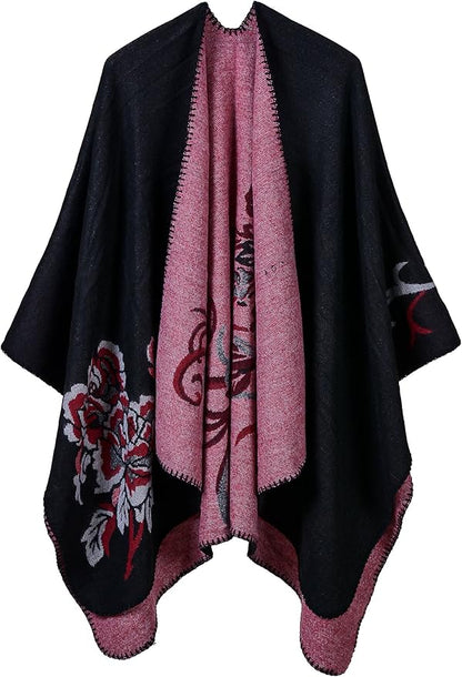 Women's Vintage Pattern Open Front Poncho Cape Shawl Winter Shawl Wraps