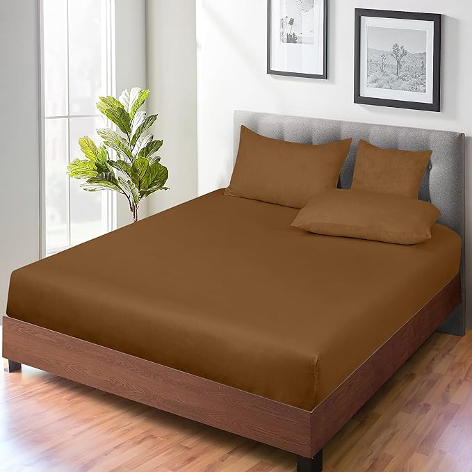 ROYALE LINENS 300 Thread Count 100% Long Staple Combed Cotton Fitted Sheet Queen - Super Soft Deep Pocket Bottom Sheet - Fitted Sheets Only - Elastic Sheets (Queen, Chocolate)