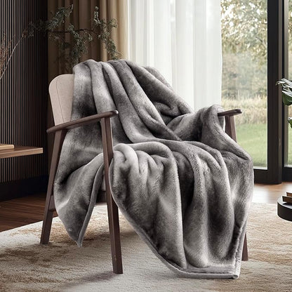 EVERGRACEHOME Ultra Soft Luxury Fluffy Mink Faux Fur Throw Blanket, Thick Warm Fall Winter Blankets for Bed, Couch, Cozy Plush Reversible Blanket for Chair, Sofa (Ombré Silver Onyx, 50"x60")