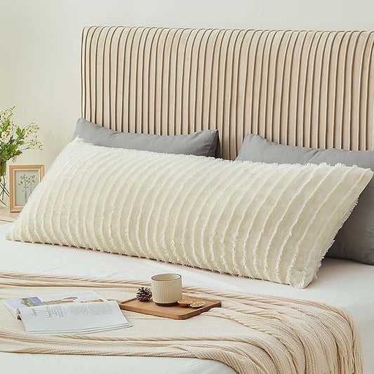 BEDELITE Body Pillow Cover with Zipper Closure, Decorative Boho Fleece Pillowcase 20 x 54 Inches, Luxury Fluffy Plush Long Body Pillow Pillowcase for All Seasons(Beige-Boho)