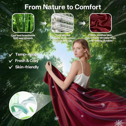 MR&HM King Fitted Sheet Only, Ultra-Soft Rayon Derived from Bamboo & Polyester Blend, Silky & Breathable, 15" Deep Pocket with Elastic Straps, Cooling Fitted Sheet for Hot Sleepers, Burgundy