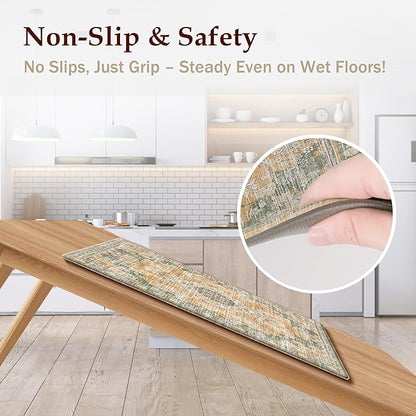 Boho Kitchen Mats for Floor 2 Piece Set Anti Fatigue Cushioned PVC Kitchen Rugs Non Slip Waterproof Farmhouse Mats 2/5 Inch Comfort Standing Mat for Sink, Laundry, 17.3"x59"+17.3"x28", Green Orange