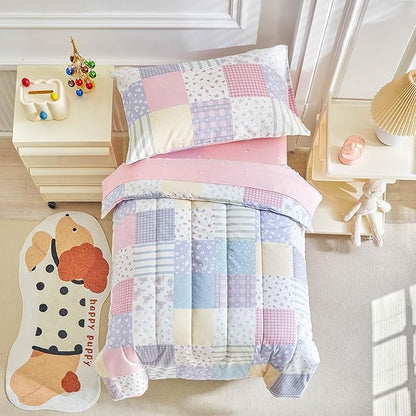 Joyreap 4 Piece Cotton Toddler Bedding Set- Colorful Flowers Patchwork Design, Toddler Comforter Set for Girls, Includes Quilted Comforter, Fitted Sheet, Top Sheet, and Pillow Case