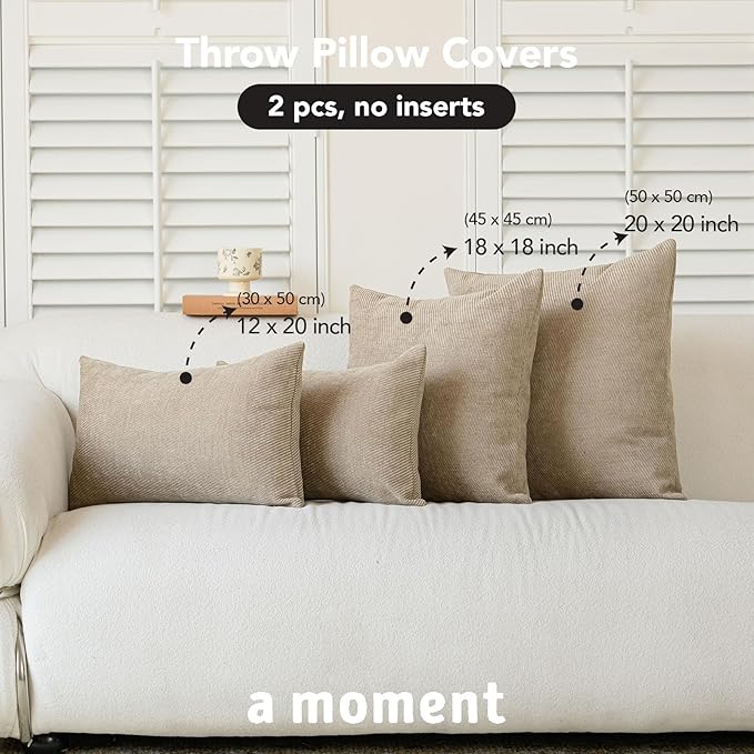a moment Pack of 2 Decorative Chenille Throw Pillow Covers with Twill Cushion Covers for Sofa Living Room Couch Bed 18x18 Inch Light Brown
