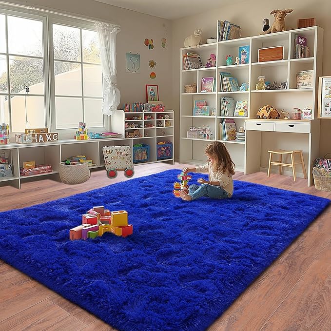 Blue Fluffy Area Rugs for Bedroom, Soft Shaggy Carpets for Living Room, Upgrade Anti-Skid Fuzzy Rugs for Kids' Room, Perfect Decor for Modern Home 4x6 Feet