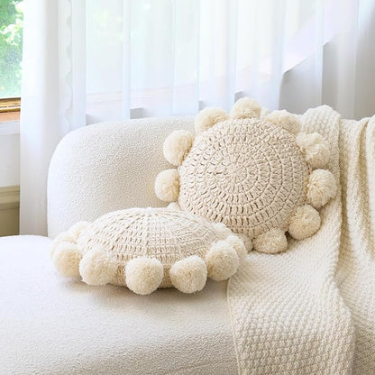 Beige 14 Inch Boho Round Throw Pillow, Cute Throw Pillow with Pom Poms Tassels, Decorative Circular Knitted Crochet Cushion for Couch Sofa Chair Bed