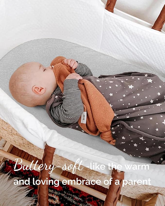 Bedside Sleeper Bassinet Sheets 35x20 for MiClassic, Milliard Bassinet and Large Bedside Sleepers - Buttery Soft, Premium Stretchy Jersey Knit Sheets - Navy + Grey + Cloud, 3 Pack