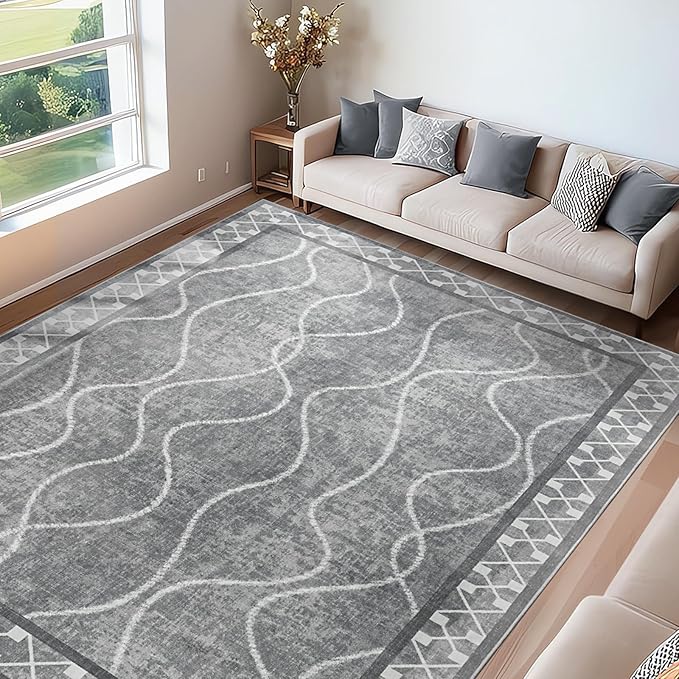 Washable Area Rug 8x10, Non-Slip Rugs for Living Room Bedroom, Low Pile Large Soft Alfombras, Modern Bordered Home Floor Rugs for Kids Playroom Office Dining Room Farmhouse, Light Grey