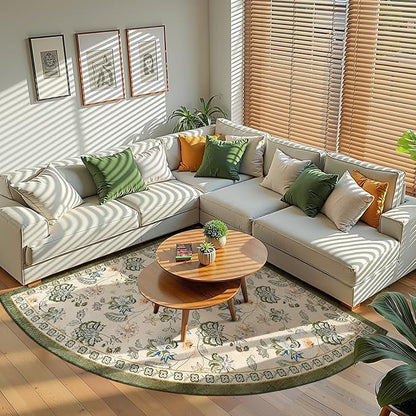 jinchan Elora Floral Corner Rug for Living Room Washable Bedroom Rug Vintage Romance Christmas Design Non Slip Quarter Circle Lightweight Low-Pile Throw Carpet for Reading Nook 6ft Radius Green/Beige