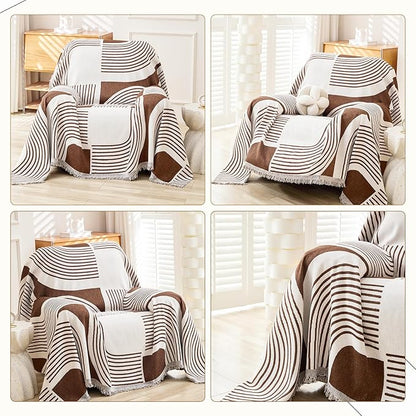Boho Chenille Couch Cover with Tassels, Bohemian Sofa Cover for 1 Cushion Couch, Armchair, Chair, 1 Seater (71" x 91", Coffee)