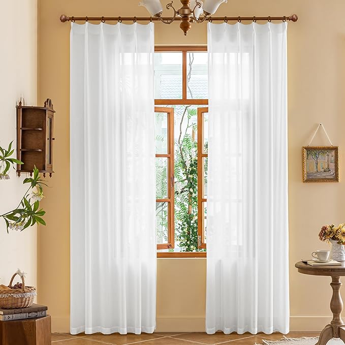 White Pleated Sheer Curtains 90 Inch Length for Bedroom Pinch Pleat Drapes with Adjustable Hooks, Airy Breathable Light Filtering Soft Touch Textured Curtain Panels, White, 42"W x 90"L, 2 Panels