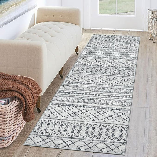 KUTA 2x6 Non-Slip Washable Runners for Hallways, Grey Moroccan Boho Distressed Geometric Vintage Kitchen Runner Rug, Ultra Soft Floor Mat for Entryway, Bathroom, Laundry, Living Room, Bedroom