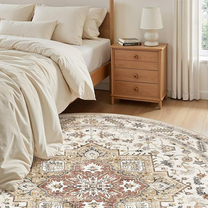 6ft Round Vintage Living Room Area Rug - 6x6 Large Soft Washable Oriental Traditional Distressed Farmhouse Rugs for Bedroom - Indoor Floor Accent Carpet for Home Office House Decor - Golden Taupe