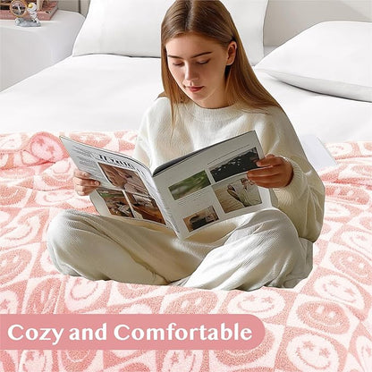 WRENSONGE Checkered Throw Blanket Blossom Smiling Face Soft Cozy Fluffy Warm Hand Made Weave Throw Blankets for Couch, Sofa, Chair, Bed, Camping, Picnic, Travel Lightweight Bed Blanket - 60"*80"