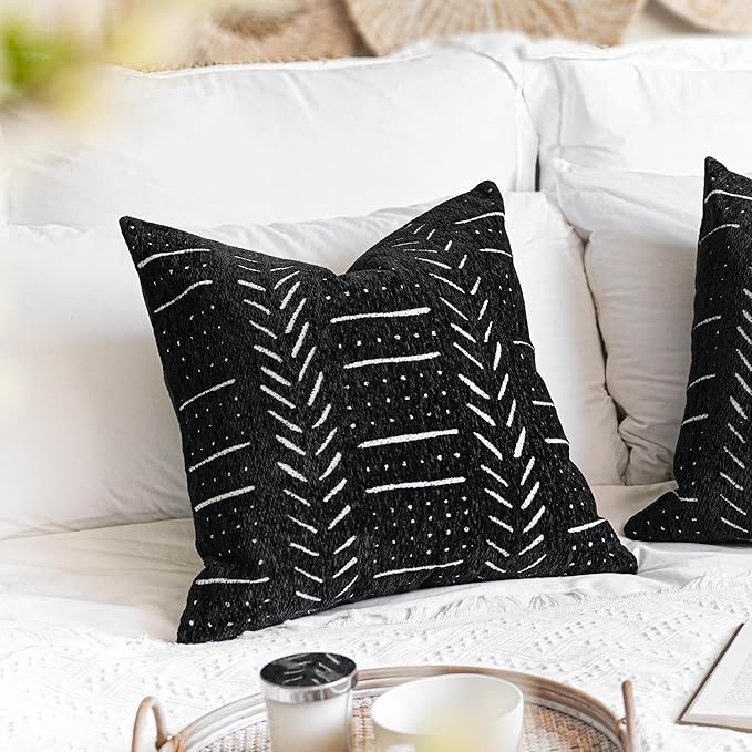 BlissBlush Black Decorative Throw Pillow Covers 18X18, Set of 2, Boho Farmhouse Cushion Cover, Cozy Soft Accent Pillowcase for Couch Sofa Bed Living Room Home Décor