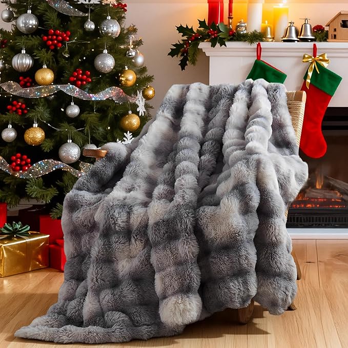 Lotus Karen Faux Fur Throw Blanket - Tie-Dye Gray, Big Bubble Rabbit Fluff, 50x60 Inches