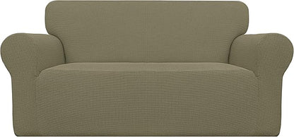 Easy-Going Stretch Loveseat Slipcover 1-Piece Sofa Cover Furniture Protector Couch Soft with Elastic Bottom for Kids Polyester Spandex Jacquard Fabric Small Checks (Loveseat, Khaki)