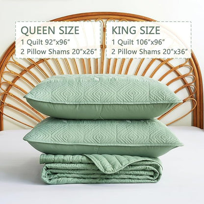 EVENHUG Floral Embroidered Quilt Set King Size 3 Piece Bedding Set Reversible Farmhouse Bedspread Coverlet with 2 Pillow Shams Lightweight Soft Bed Cover for All Season(106"X 96",Green)