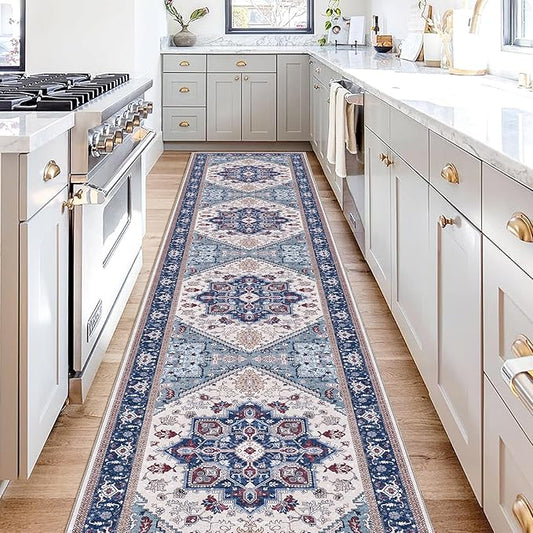 OPPODREAM Thin Entryway Rug 2x10, 2x10 Rug Runner, Washable Hallways Carpet 2 x 10 with Non Slip Backing, Low-Pile Bedside Carpet 2 x 10, Long, Faux Cashmere, Navy Blue & Red & Cream