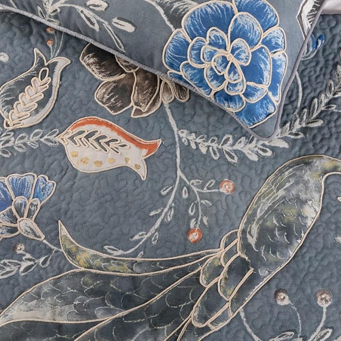 The HomeCentric Blue Bed Runner, King Size 90"x18" Decorative Bed Runner with 2 Matching Pillow Cover, Blue Linen Bed Scarf in Quilted Peacock, Linen & Jute Embroidery - Peacock Willow