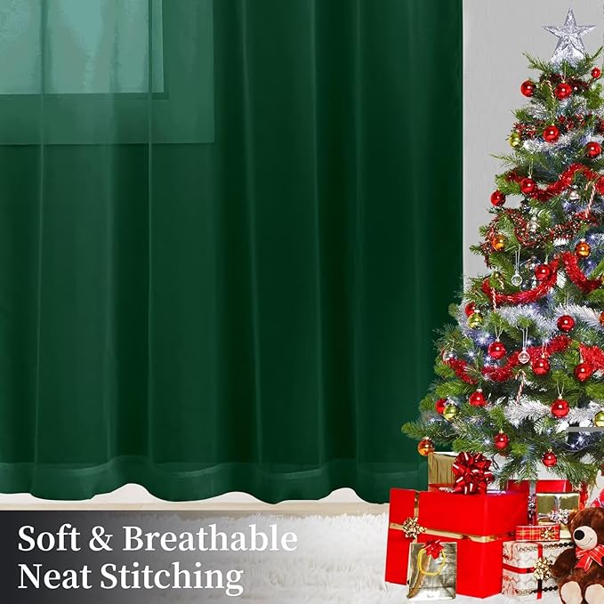Sheer Curtains 84 Inches Long 2 Panels, Rod Pocket Short Curtain for Kitchen, Bedroom, Cafe Window(Foliage Green 38" W x 84" L)