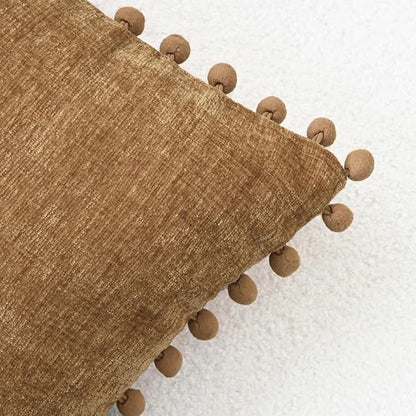 CaliTime Throw Pillow Covers Decorative 18 X 18 Inches Pack of 2 Cozy Solid Dyed Soft Chenille Cushion Cases with Pom Poms for Couch Sofa Bed Living Room Home Apricot Brown