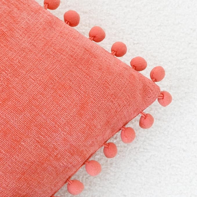 CaliTime Throw Pillow Covers Decorative 22 X 22 Inches Pack of 2 Cozy Solid Dyed Soft Chenille Cushion Cases with Pom Poms for Couch Sofa Bed Living Room Home Living Coral
