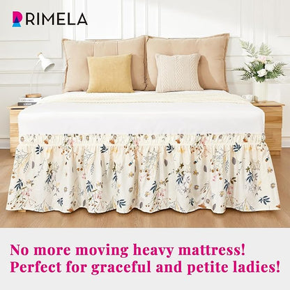 RIMELA Cream Balloon Bed Skirt Queen Size 15 Inch Drop, Elastic Bed Skirting for Bed Frame, Bedding Dust Ruffle Easy to Install, Lightweight Wrap Around Adjustable Bedskirt,Bedroom Decor