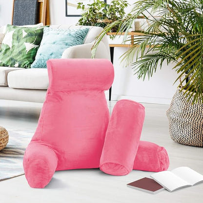Nestl Reading Pillow with Shredded Memory Foam Includes 2 Neck and Lumber Support Pillows, Designed for Sitting Up in Bed and Couch, Back and Arms Adjustable Support for Adult & Teens, Light Pink
