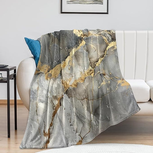 Modern Marble Blanket, Abstract Luxury Baroque Gold Grey Gradient Stone Veins Pattern Soft Warm Cozy Plush Flannel Covers for Livingroom Bedroom Couch Chair Camping Travel Home Decor Tapestry 50x60in