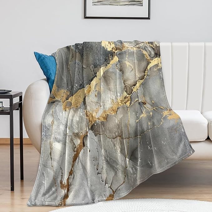 Modern Marble Blanket, Abstract Luxury Baroque Gold Grey Gradient Stone Veins Pattern Soft Warm Cozy Plush Flannel Covers for Livingroom Bedroom Couch Chair Camping Travel Home Decor Tapestry 40x50in