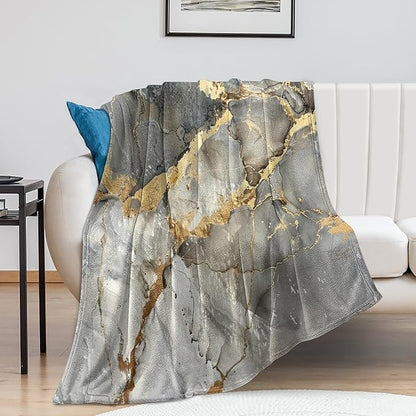Modern Marble Blanket, Abstract Luxury Baroque Gold Grey Gradient Stone Veins Pattern Soft Warm Cozy Plush Flannel Covers for Livingroom Bedroom Couch Chair Camping Travel Home Decor Tapestry 40x50in