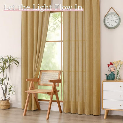 Simplebrand Gold Faux Linen Textured Curtains 63 Inch Length 2 Panels for Bedroom, Semi Sheer Light Filtering Privacy Farmhouse Curtains, Soft Thick Rod Pocket Window Drapes, 40W x 63L Inch