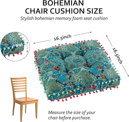 Bohemian Seat Cushion，Indoor & Outdoor 16.5" x 16.5" Seating Cushion for Dinning Chairs, Decorative with Tassels(4Pcs, Green)