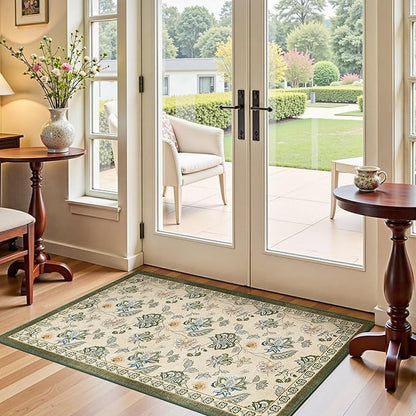 jinchan Elora 3x5 Floral Rug for Entryway Washable Rug Vintage Romance Design Christmas Small Mat Non Slip Indoor Doormat Lightweight Low-Profile Throw Carpet for Bathroom Laundry Room, Green/Beige
