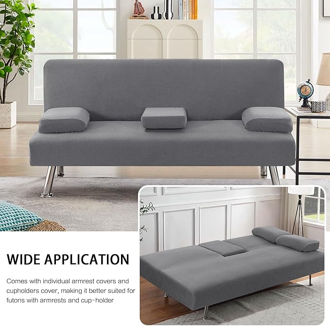 H.VERSAILTEX 4 Pieces Stretch Futon Covers Sofa Bed Slipcover with Removable Armrests and Cupholders Covers Furniture Protector High Spandex Small Checks Jacquard Fabric, Grey