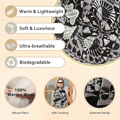 DANA XU 100% Merino Wool Extra Large Pashmina Blanket Travel Scarf Cashmere Wrap for Women Fall Winter Oversize Shawl Floral