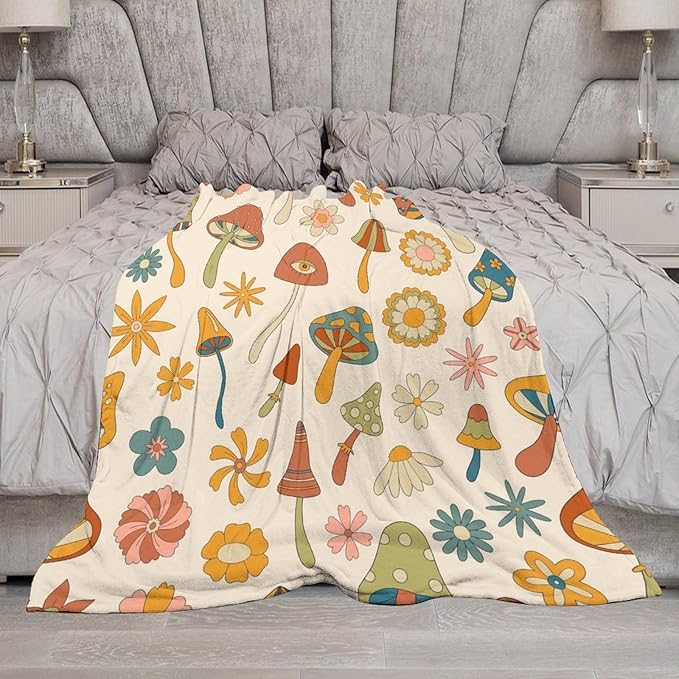 70s Mushroom Throw Blanket, Retro 60s Groovy Mushroom Boho Hippie Flowers Print Blanket for Kids Baby Bedroom Sofa Holiday Decor 60"x80"