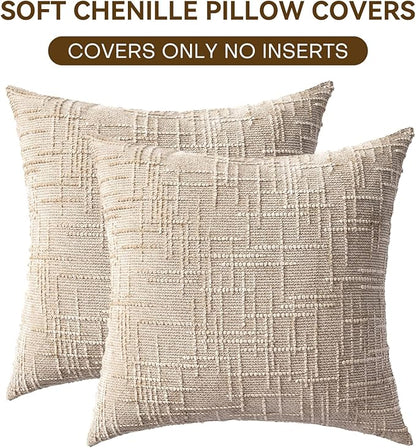 Decorative Throw Pillow Covers 18x18 Inch Set of 2, Soft Solid Farmhouse Chenille Couch Pillows, Spring Pillow Covers for Couch Sofa Bed Living Room Home Decor Pillowcase, Light Khaki