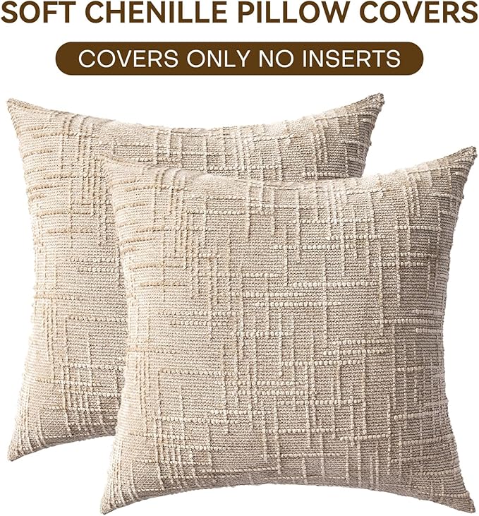 Decorative Throw Pillow Covers 16x16 Inch Set of 2, Soft Solid Farmhouse Chenille Couch Pillows, Spring Pillow Covers for Couch Sofa Bed Living Room Home Decor Pillowcase, Light Khaki