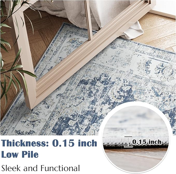 jinchan Fiora Runner Rug 2x5 Machine Washable Hallway Rug Dark Blue Vintage Floral Print Non-Slip Low Pile Ultra-Thin for Kitchen, Entryway, Laundry Room, Bedroom, Farmhouse (2‘x5’, Dark Blue)