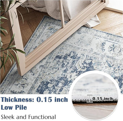 jinchan Fiora Floral 3x5 Area Rugs for Entryway - Machine Washable Taupe Vintage Distressed Design Doormat Non-Slip Ultra-Thin Low Pile Boho Rug for Kitchen Living Room Farmhouse (3‘x5', Dark Blue)
