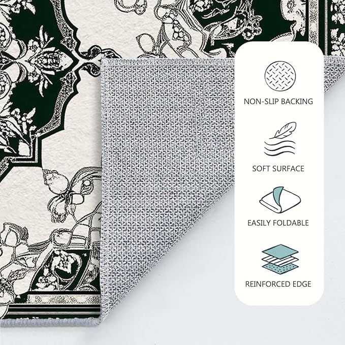 4x6 Traditional Oriental Area Rug Black White Dark Green Rug Non Slip Low Pile Large Carpet for Home Kitchen Living Room Bedroom Dining Room Office