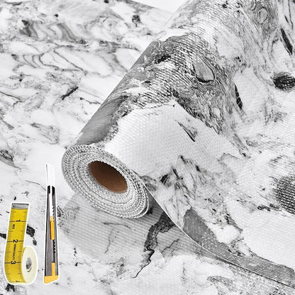 Drawer and Shelf Liner for Kitchen Cabinet: 12 in X 20 Ft Non Slip Waterproof Shelf Paper Non Adhesive Refrigerator Liners Grey and White Marble Easy Liners for Bathroom with Knife Tape Measure