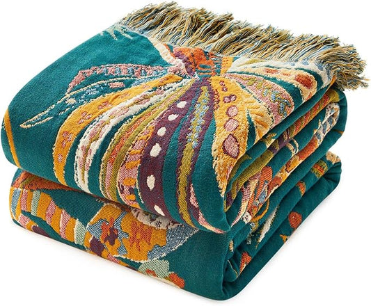 MSGKV Boho Throw Blanket for Couch 100% Cotton Embroidery Blanket 50"x60" Sofa Bed Chair Muslin Breathable All Seasons Lightweight Farmhouse Blankets Home Decor