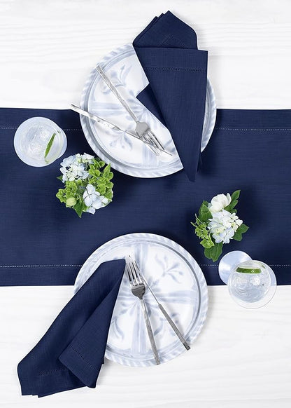 Solino Home Linen Navy Blue Table Runner 108 Inches Long - 100% Pure Linen 14 x 108 Inch Table Runner for Christmas, New Year - Classic Hemstitch