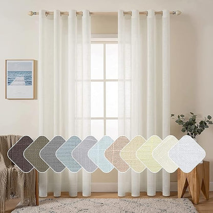 MIULEE 2 Panels Natural Linen Look Textured Sheer Curtains Elegant Solid Ivory Drapes Grommet Top Window Voile Panels for Bedroom Living Room (52X84 Inch)