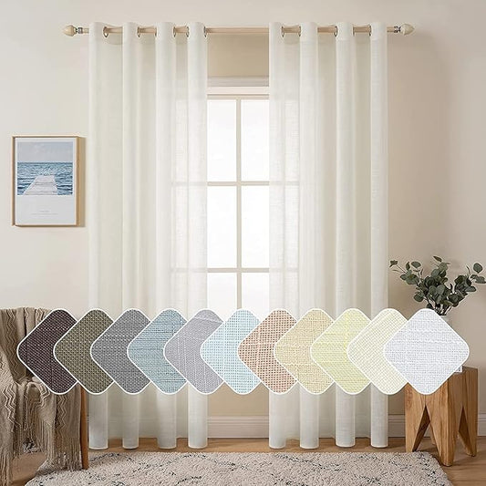 MIULEE Natural Linen Semi Sheer Window Curtains - Elegant Solid Ivory Drapes with Grommet Top - Voile Panels for Bedroom & Living Room (52X108 Inch)