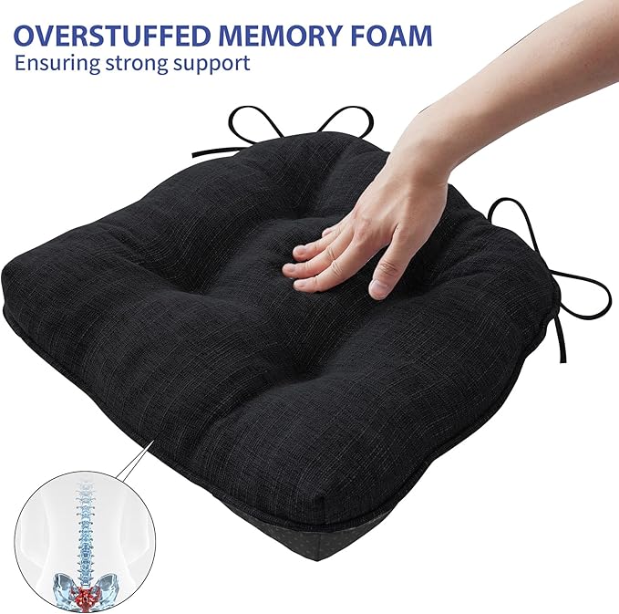 Chair Cushions for Dining Chairs Set of 2, Kitchen Chair Cushions, Chair Pads with Ties and Non Slip Backing, Tufted Memory Foam Seat Cushion 2 Pack, 15.5" x 15.5" x 4", Black
