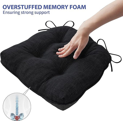 Chair Cushions for Dining Chairs Set of 6, Kitchen Chair Cushions, Chair Pads with Ties and Non Slip Backing, Tufted Memory Foam Seat Cushion 6 Pack, 15.5" x 15.5" x 4", Black